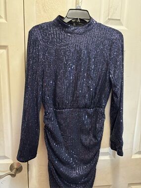 Eilly Bazar Navy Sequin Long-Sleeve Mock Neck Dress